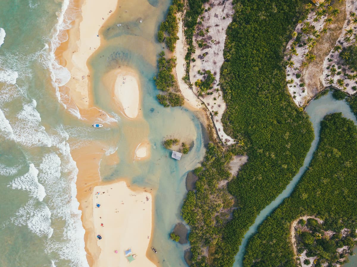 Imagem aérea de uma praia com um campo verde