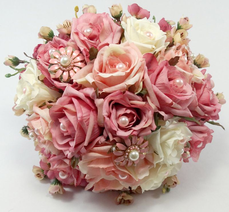 Buquê de noiva artificial rosa vintage com mini rosas
