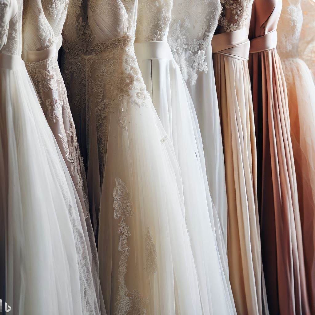 Vários vestidos de noivas em diferentes tons