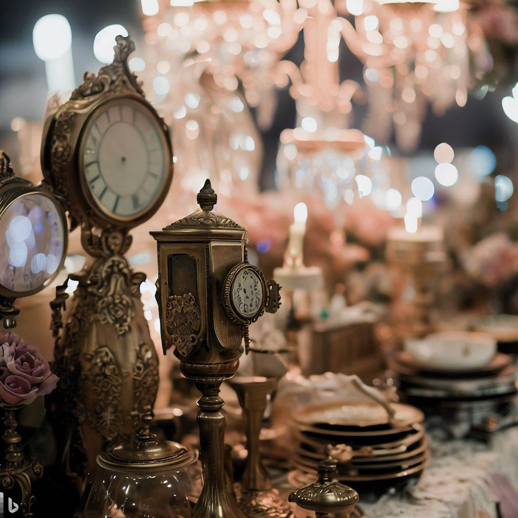 Casamento Tématico À Moda Antiga: mesa de decoração de casamento com louça antiga, relógios vintage e um lustre de cristal