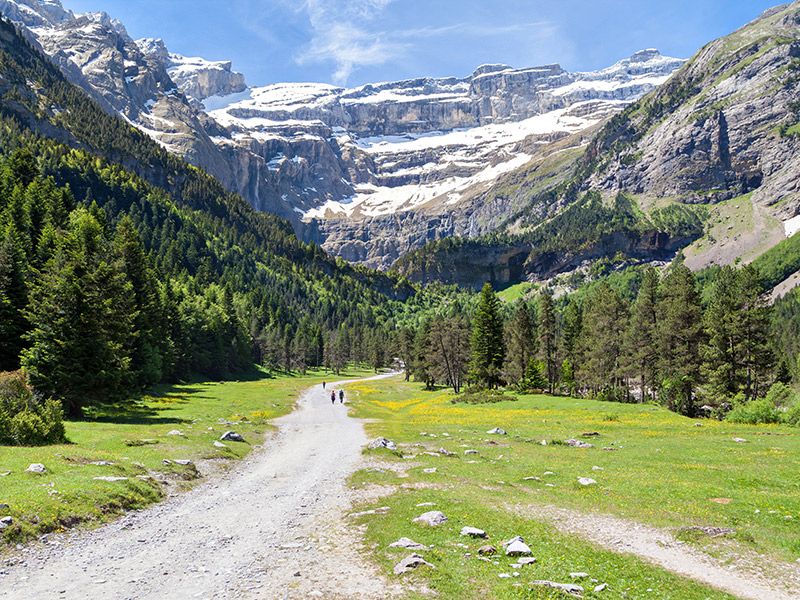 Campo verde, com montanhas cheias de neve ao fundo. No meio, uma trilha com pessoas caminhando.
