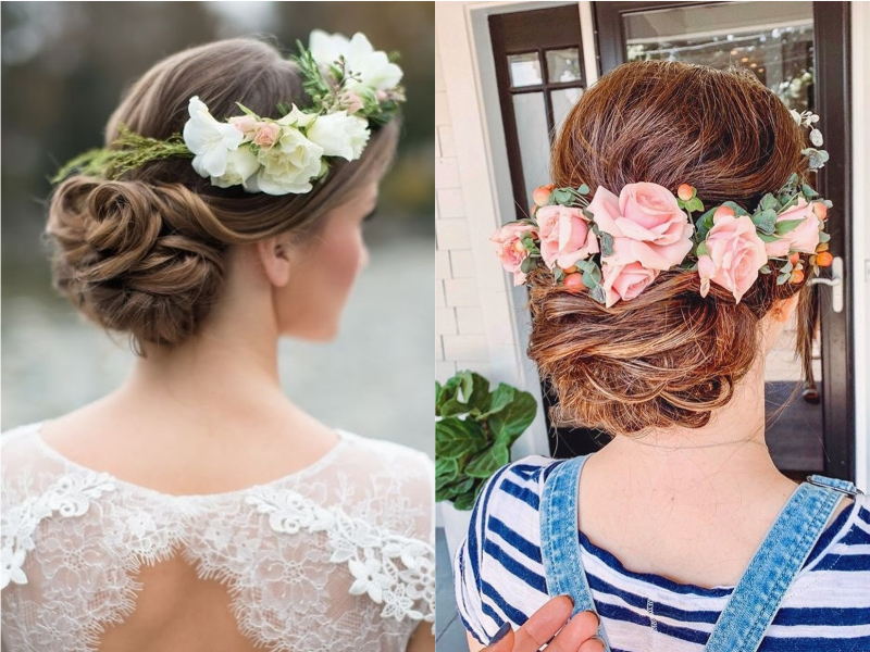 Penteado lateral com cascata de flores pequenas