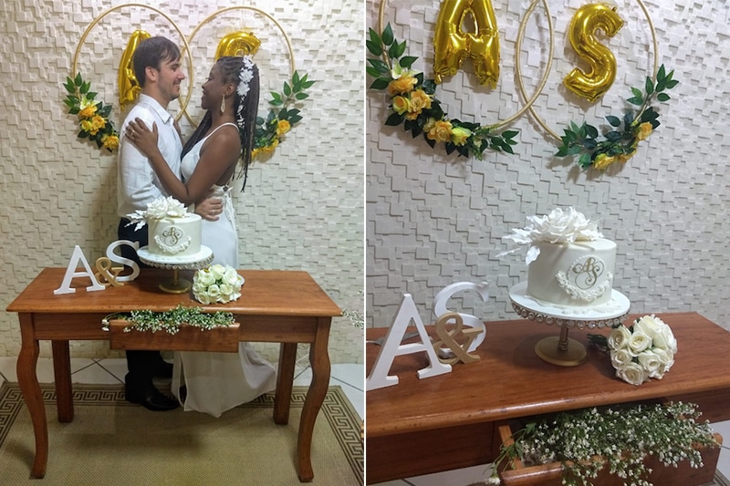 noivos celebrando casamento virtual Sheila e André