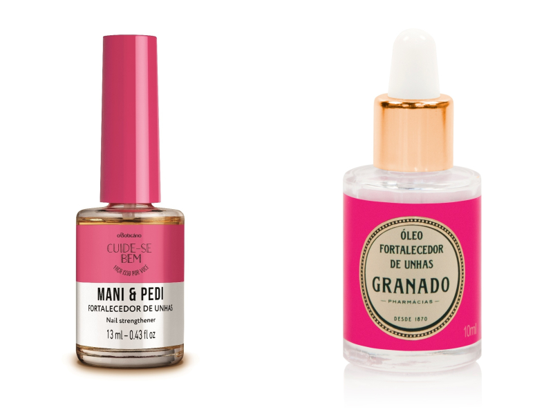 unhas quebradiças: fortalecedor Cuide-se Bem Mani&Pedi O Boticário e óleo fortalecedor Granado