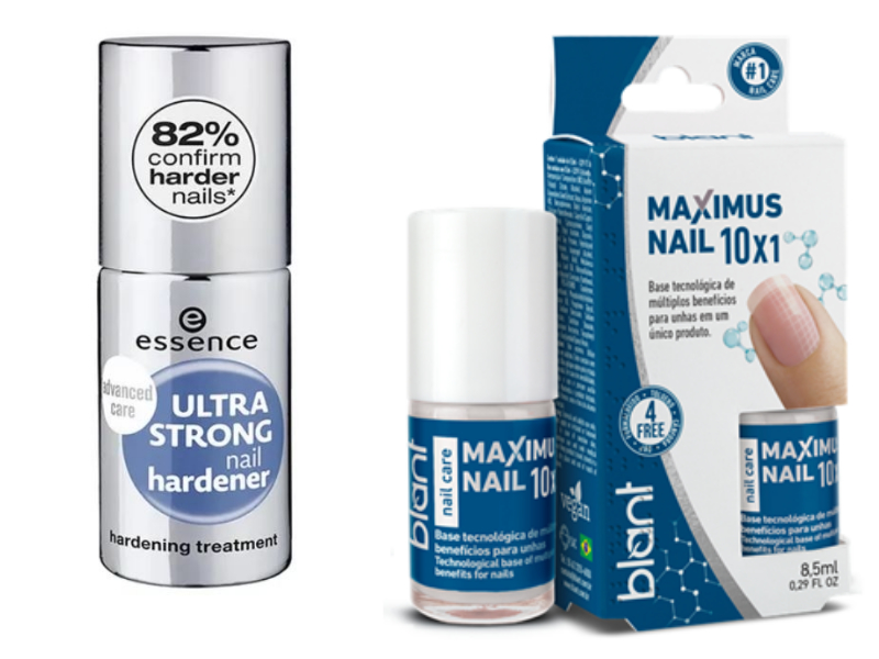 unhas quebradiças: base fortalecedora Essence e base vegana Blant