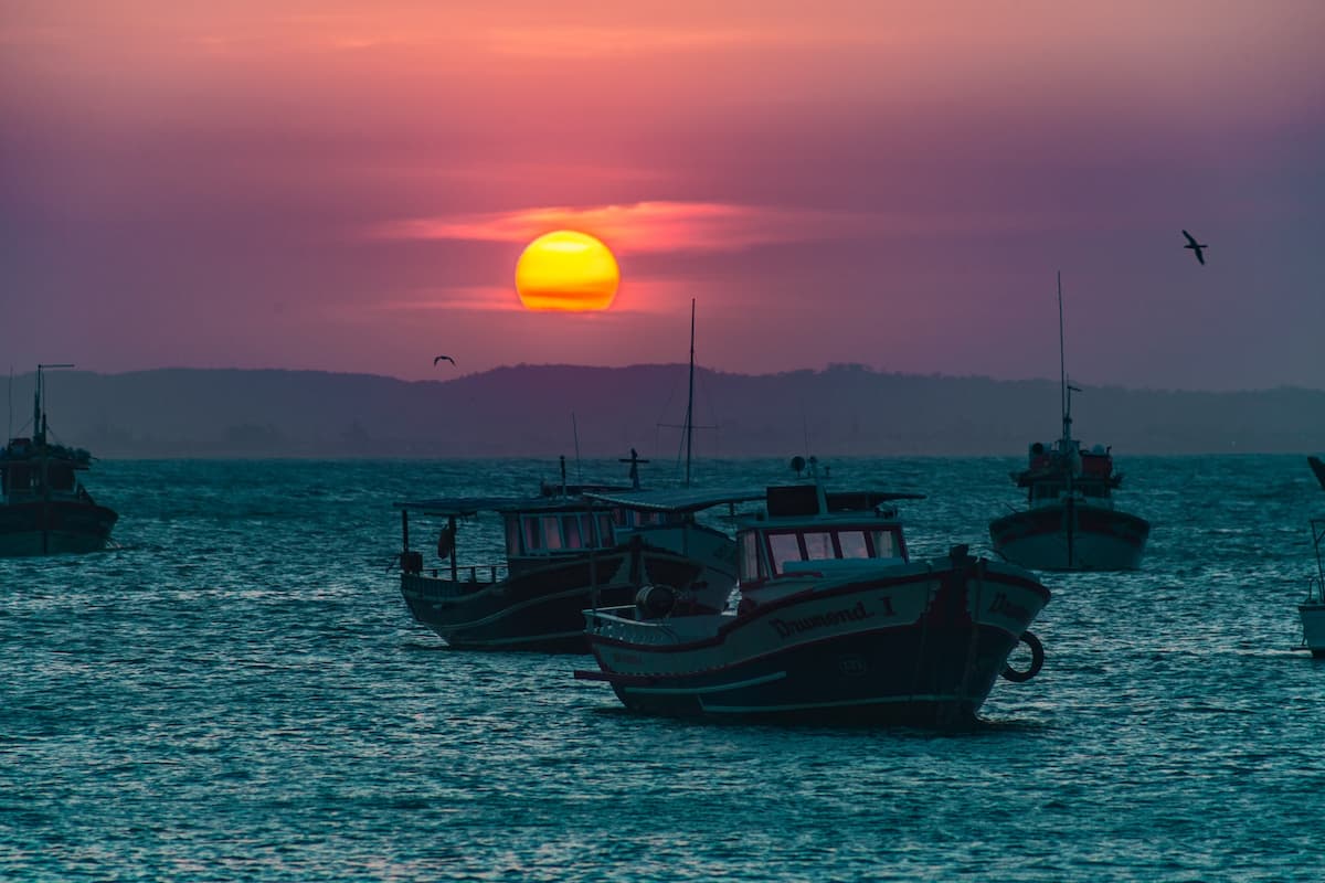 Imagem de um mar no pôr do sol com barcos|Imagem de uma paisagem de praia|Imagem de uma mesa com taça e vinho|Imagem de um casal na frente do mar|Imagem de uma estátua de uma mulher na praia