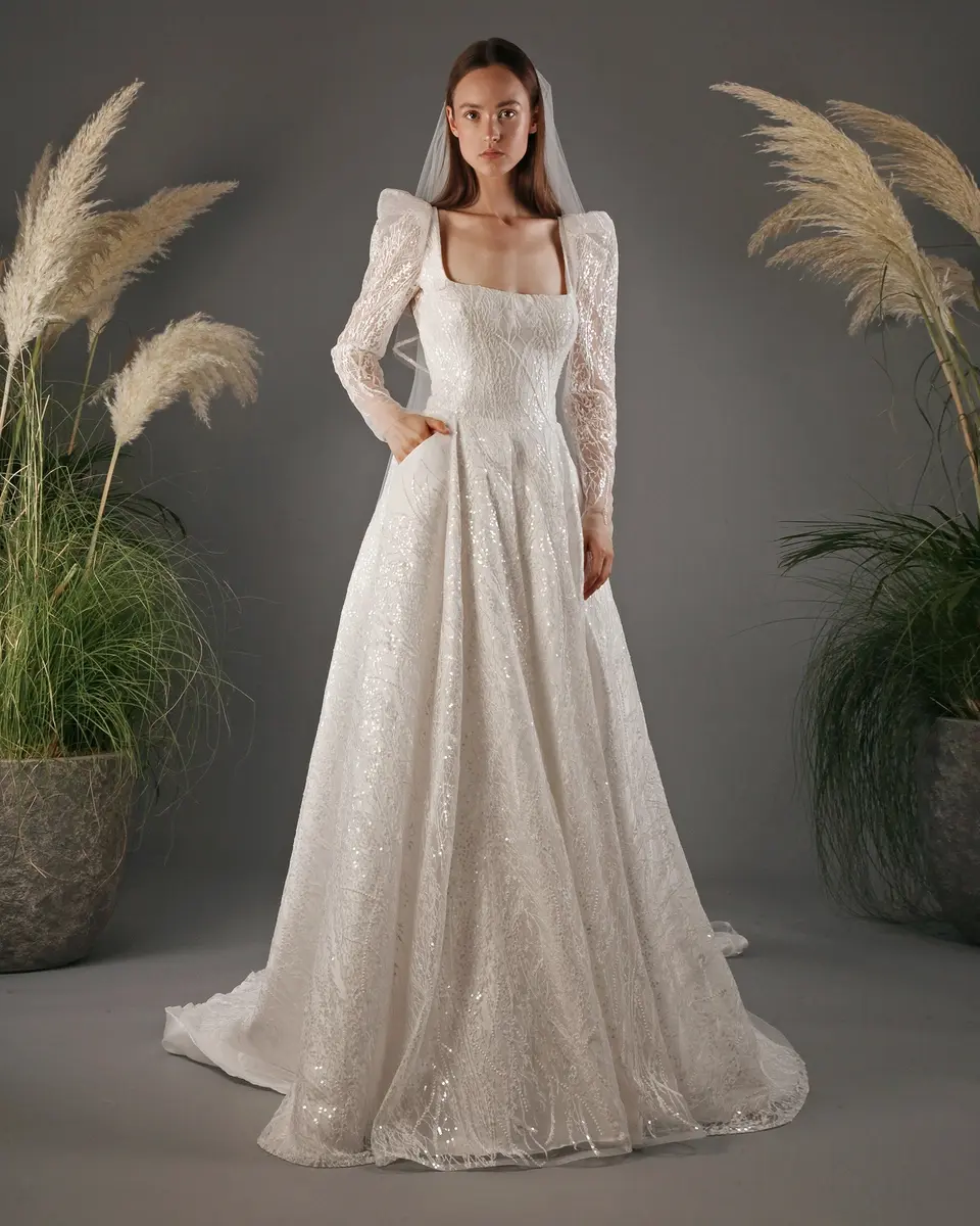 vestido de noiva Bridgerton com mangas longas em renda