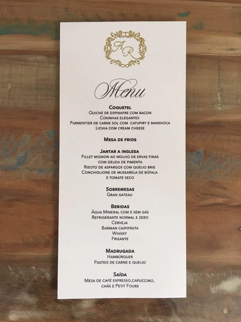 menu do casamento sofisticado para cerimônia à noite