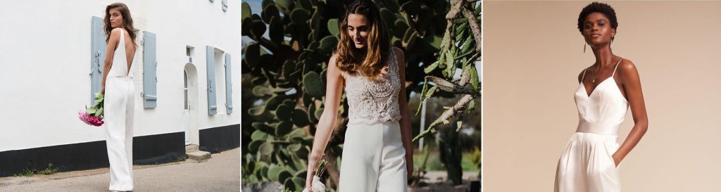 montagem com três noivas de calça ou macacão