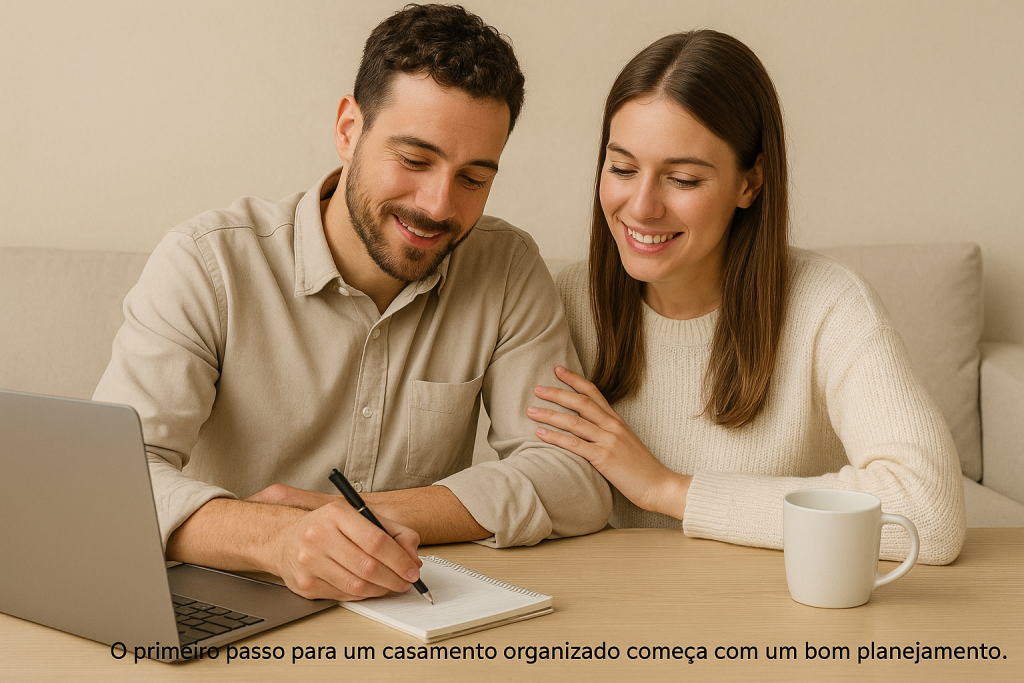 Casal planejando seu casamento com notebook e caderno.