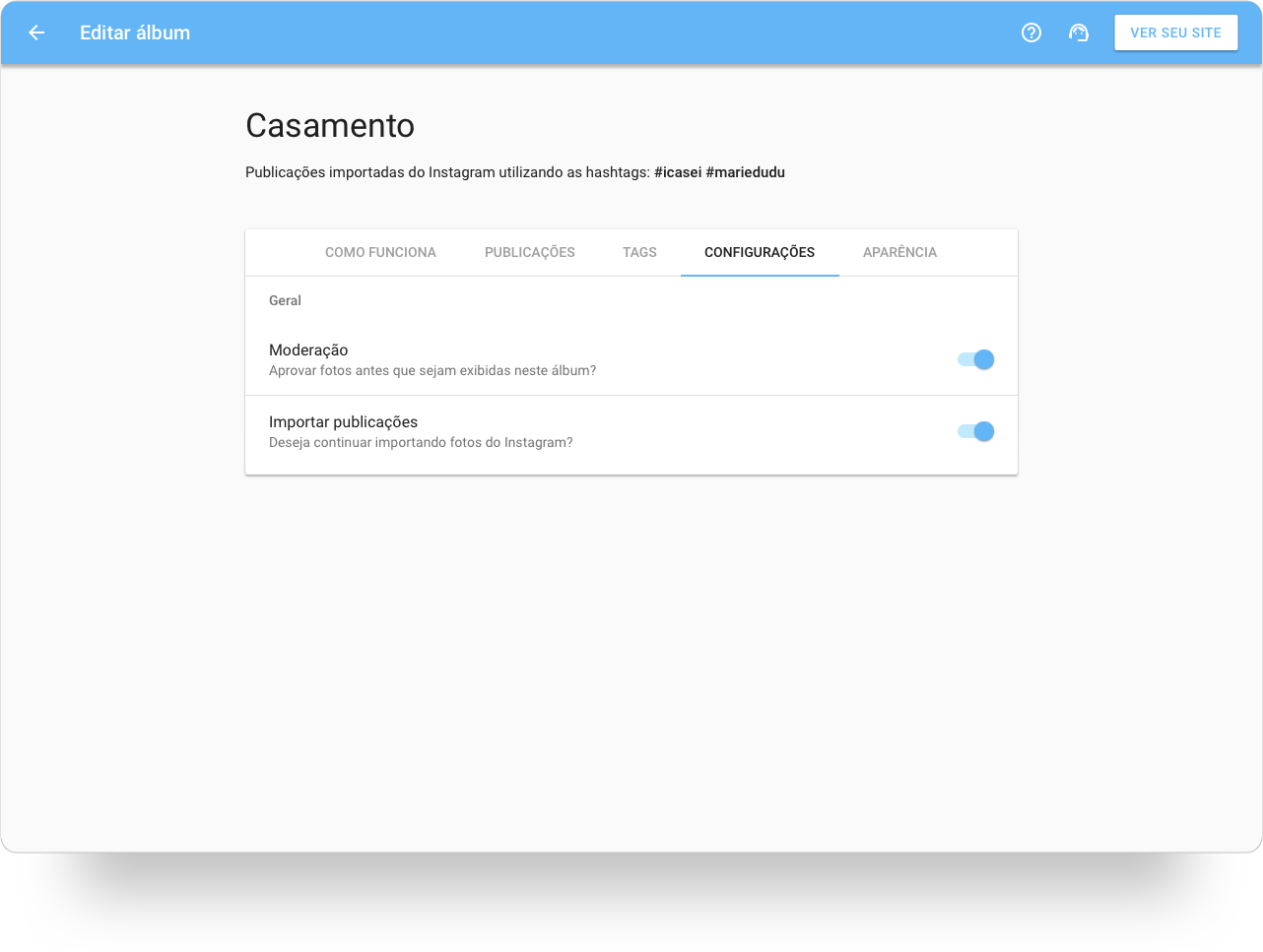 Seu amigo seu fotógrafo iCasei - opções de visualização e layout do álbum