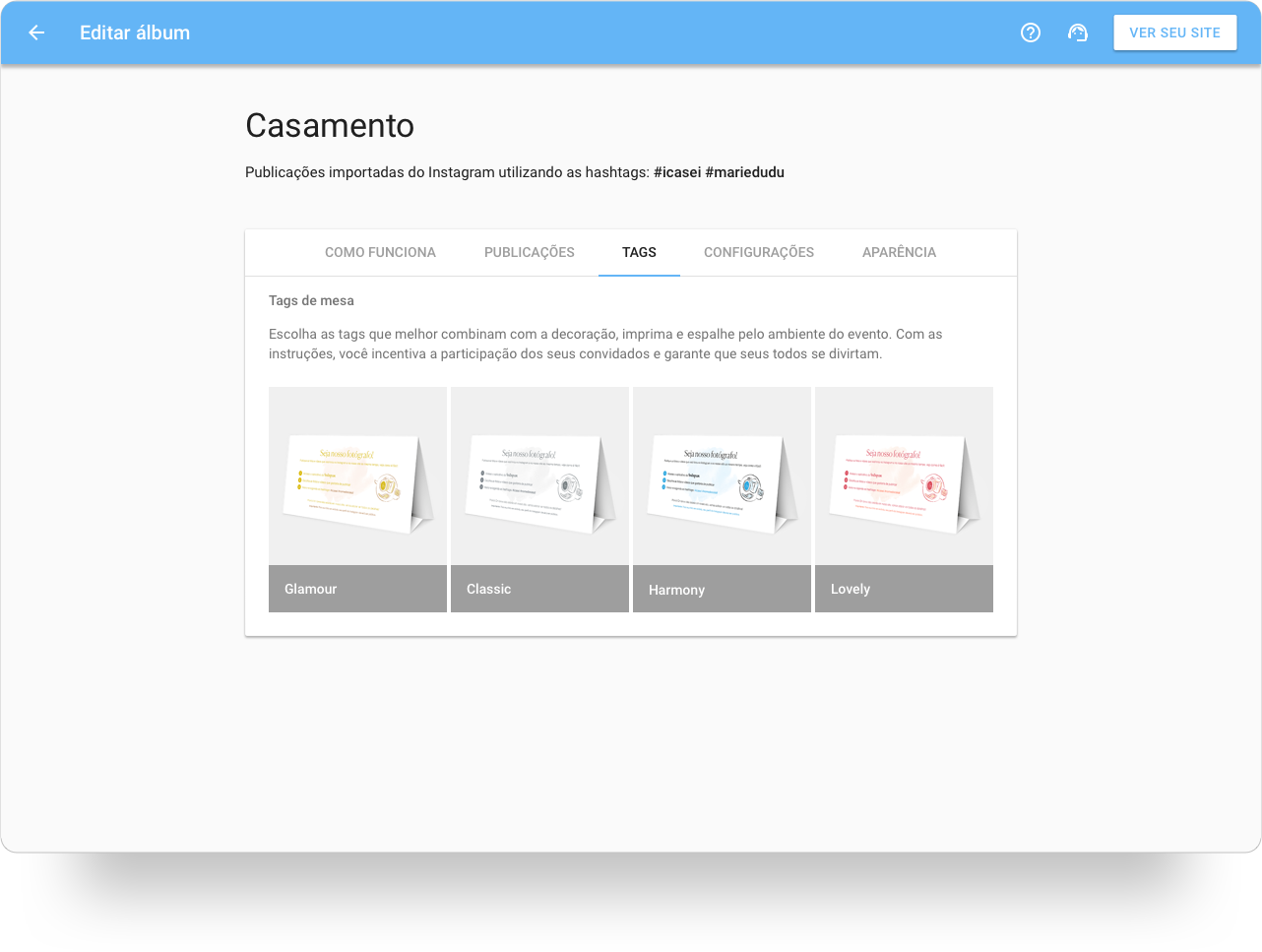 Seu amigo seu fotógrafo iCasei - modelos de tags de mesa para divulgar a hashtag