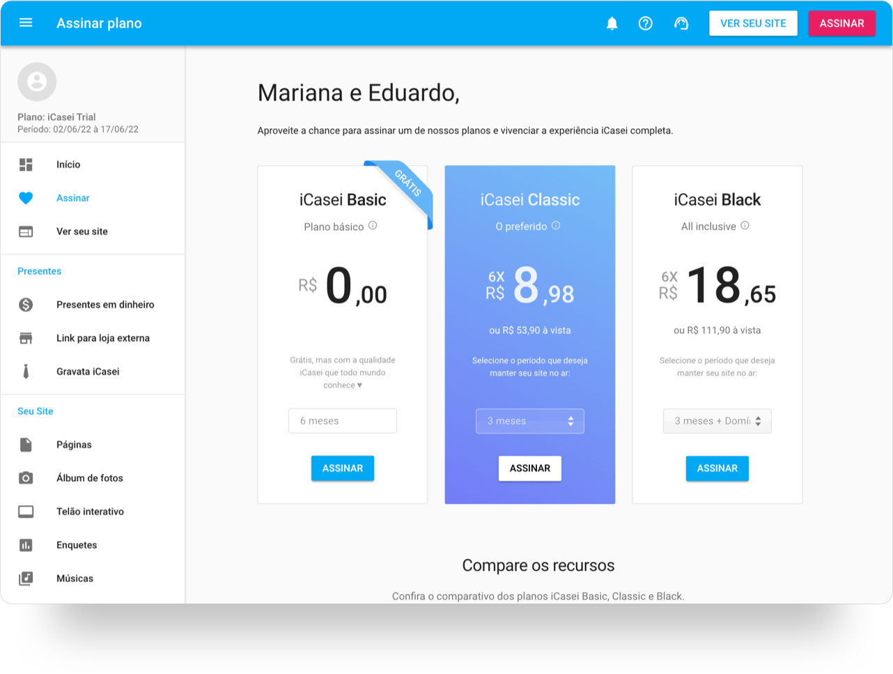 Assinatura após o teste grátis iCasei diretamente no painel