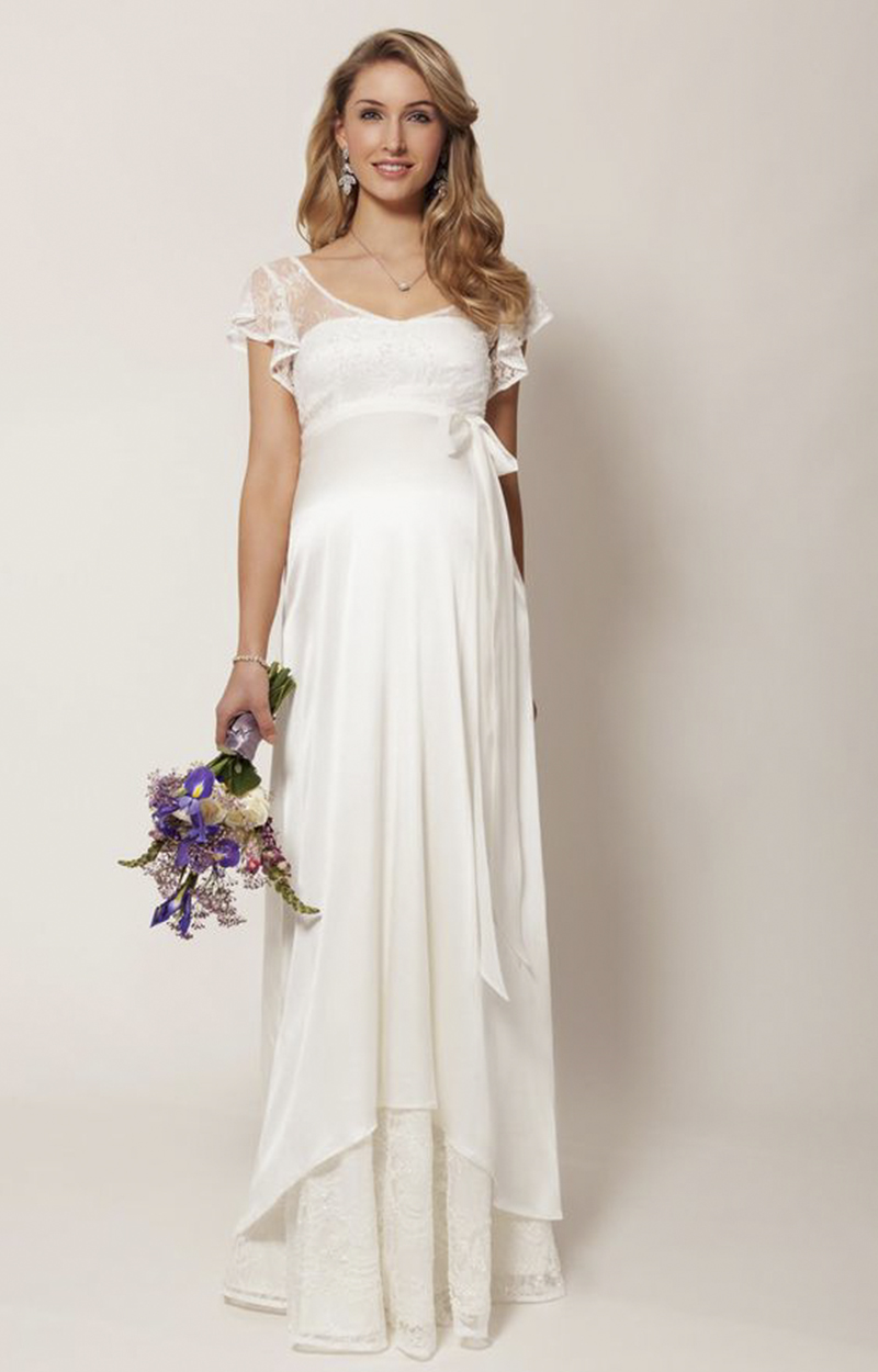 Vestido de noiva para grávida com renda delicada e saia reta