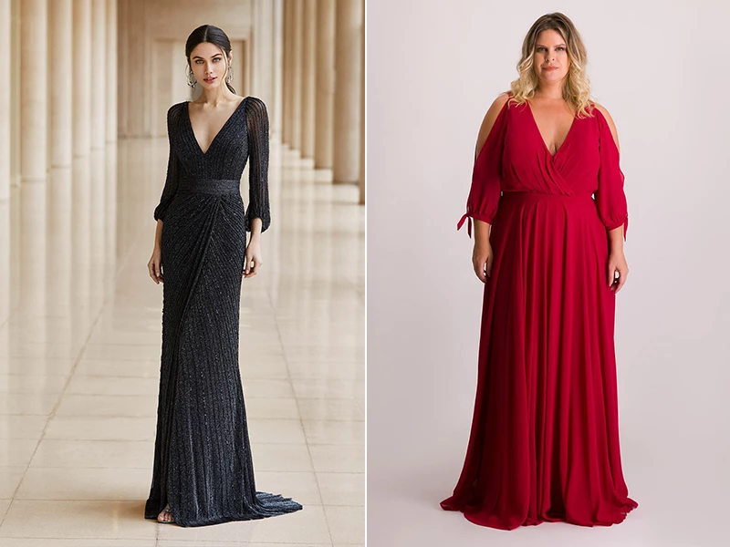 Duas inspirações de vestido para festa de casamento à noite, um estruturado e outro fluido