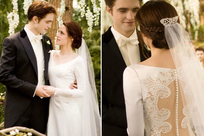 vestidos de noiva do cinema - Crepúsculo Amanhecer 2011 - mangas longas com renda e botões