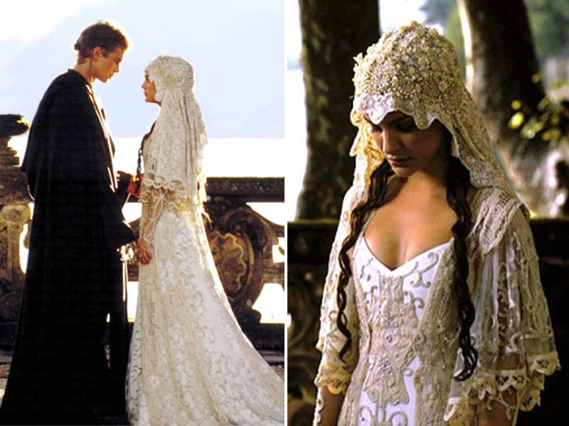 vestidos de noiva do cinema - Star Wars 2002 - bordados e pérolas com véu trabalhado